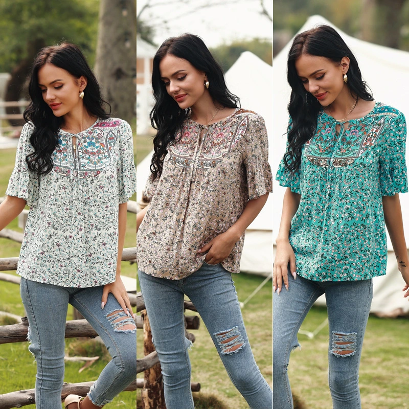 Summer Round Neck Pastoral Print Round Neck Drawstring Shirt