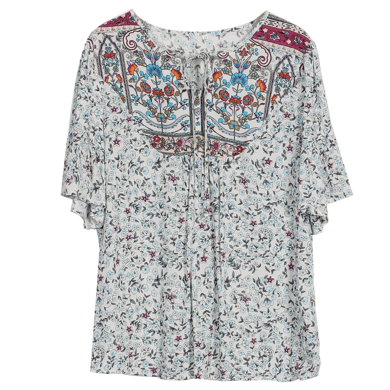 Summer Round Neck Pastoral Print Round Neck Drawstring Shirt