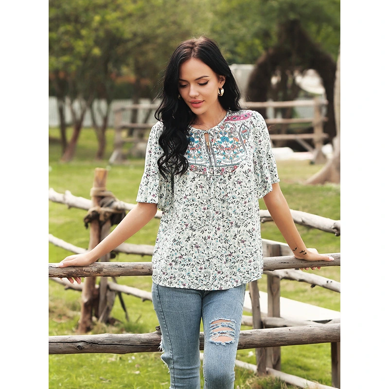Summer Round Neck Pastoral Print Round Neck Drawstring Shirt