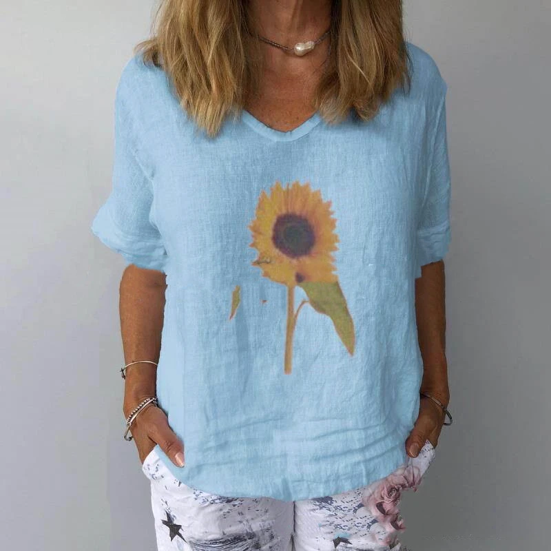 Cotton And Linen Loose Sunflower Print Top
