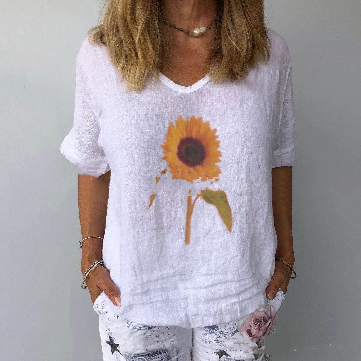 Cotton And Linen Loose Sunflower Print Top