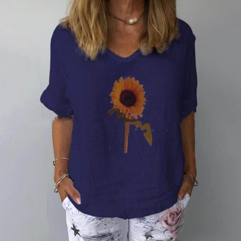 Cotton And Linen Loose Sunflower Print Top