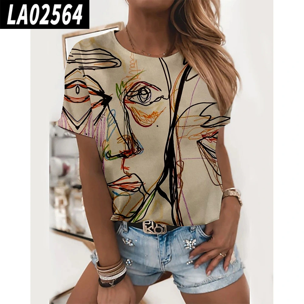 Summer Women's Abstract Painting Pattern Printing 3D Digital Printing Round Neck T-Shirt