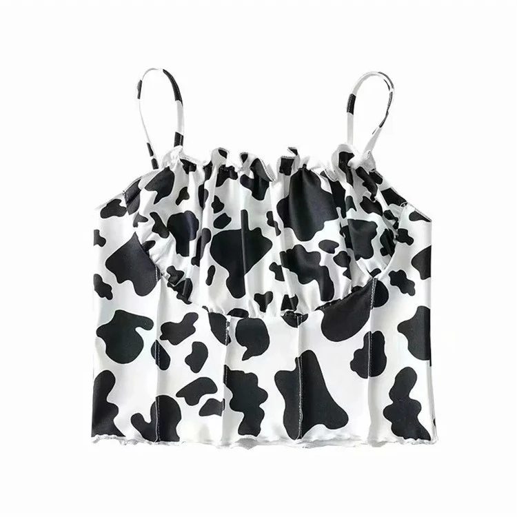 Cute Cow Print Small Vest Women's Chest Fold Design Short Slim Camisole Top