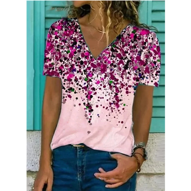 Spring And Summer New V-neck Printed T-shirt Women's Top