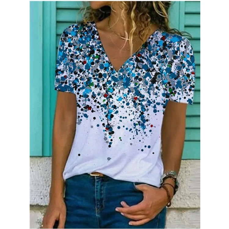 Spring And Summer New V-neck Printed T-shirt Women's Top