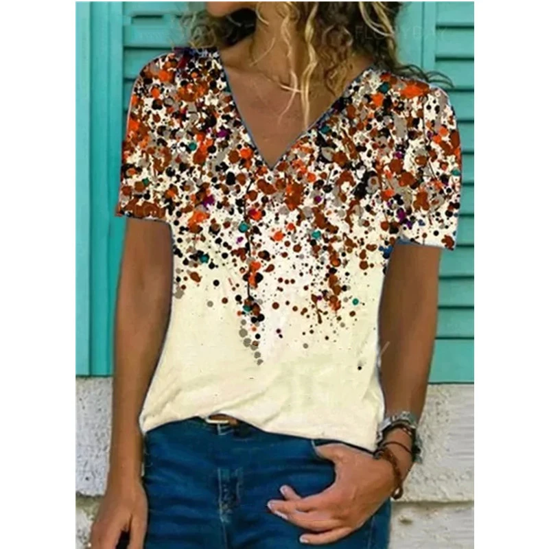 Spring And Summer New V-neck Printed T-shirt Women's Top