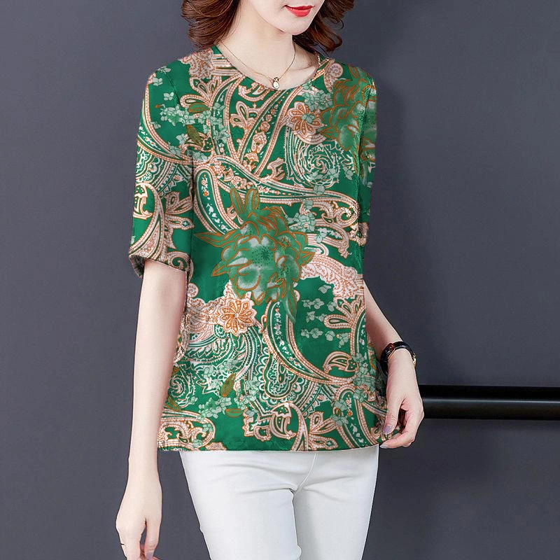 T-shirt Women's Summer Middle-aged Imitation Ice Silk Top