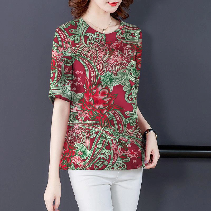 T-shirt Women's Summer Middle-aged Imitation Ice Silk Top