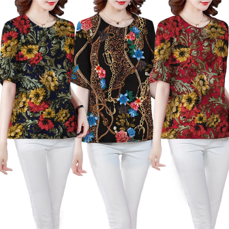 T-shirt Women's Summer Middle-aged Imitation Ice Silk Top
