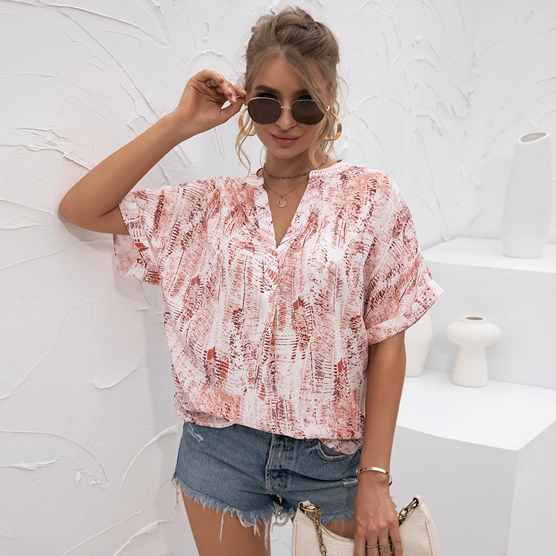 Ladies V-neck Tie-dye Printing Casual T-shirt Chiffon Shirt