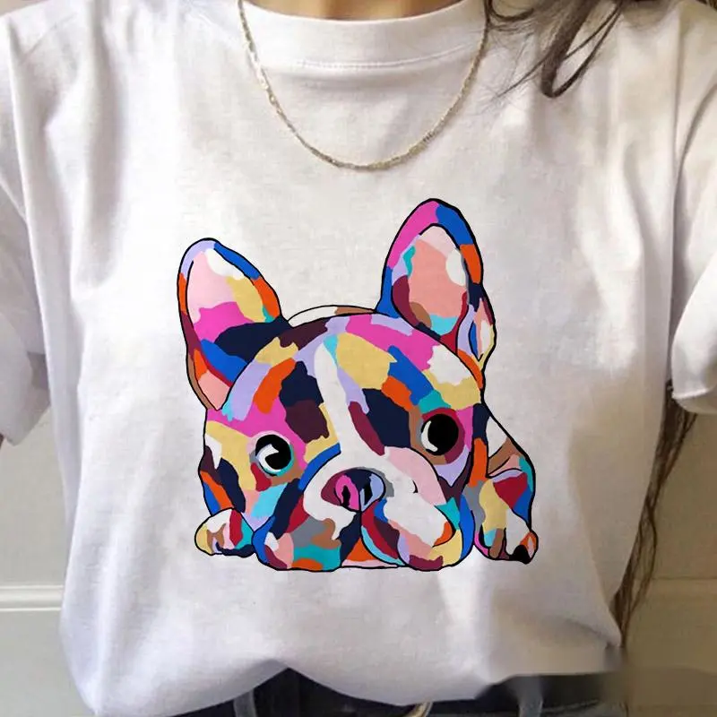 Love French Bulldog Print Cartoon Round Neck All-match Female T-shirt