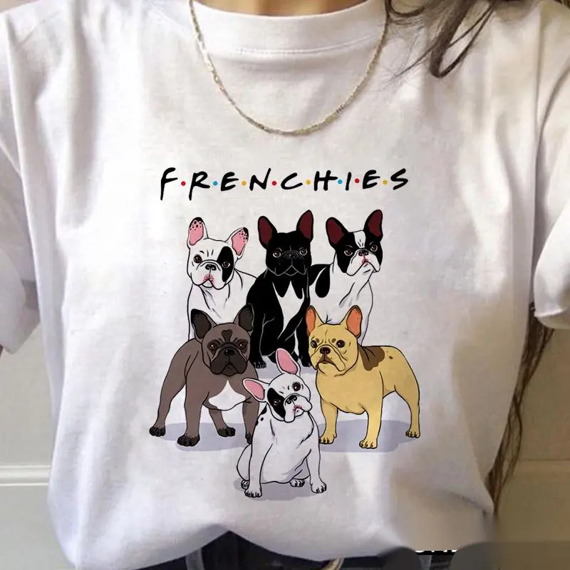 Love French Bulldog Print Cartoon Round Neck All-match Female T-shirt
