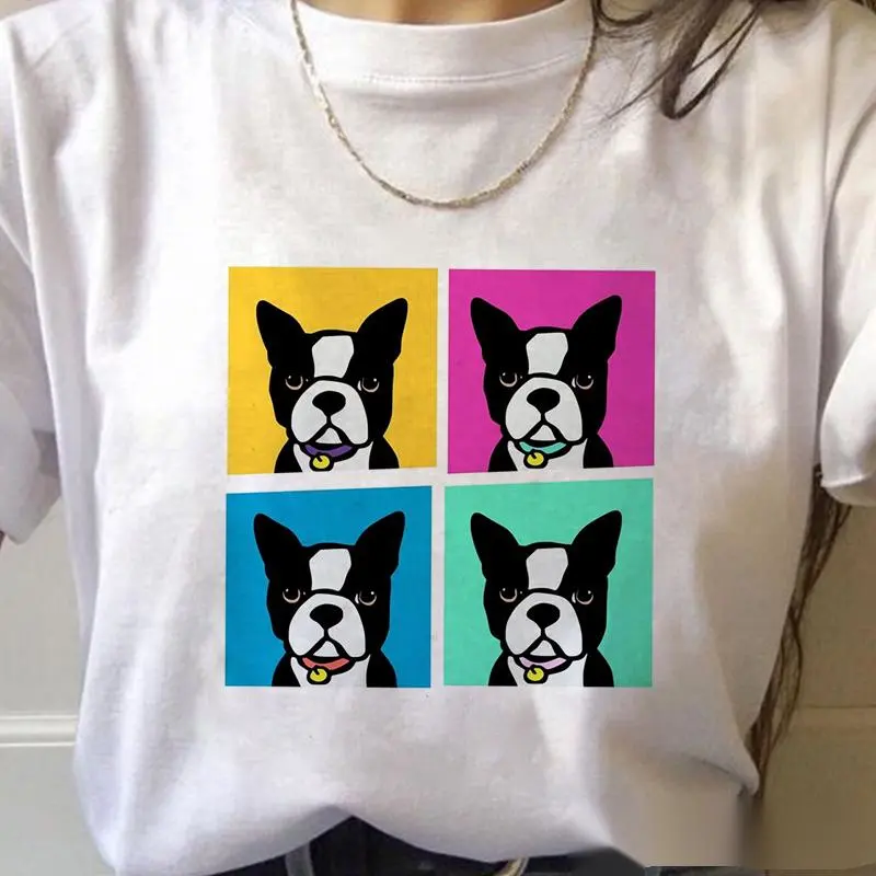 Love French Bulldog Print Cartoon Round Neck All-match Female T-shirt