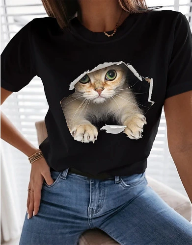 New Personality Letter Cat Print Ladies T-shirt