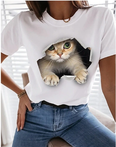 New Personality Letter Cat Print Ladies T-shirt