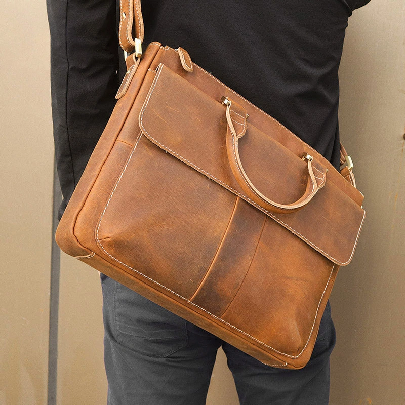 Retro Crazy Horse Leather Crossbody Briefcase