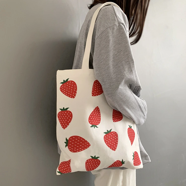 Large Capacity Strawberry Print Canvas Bag