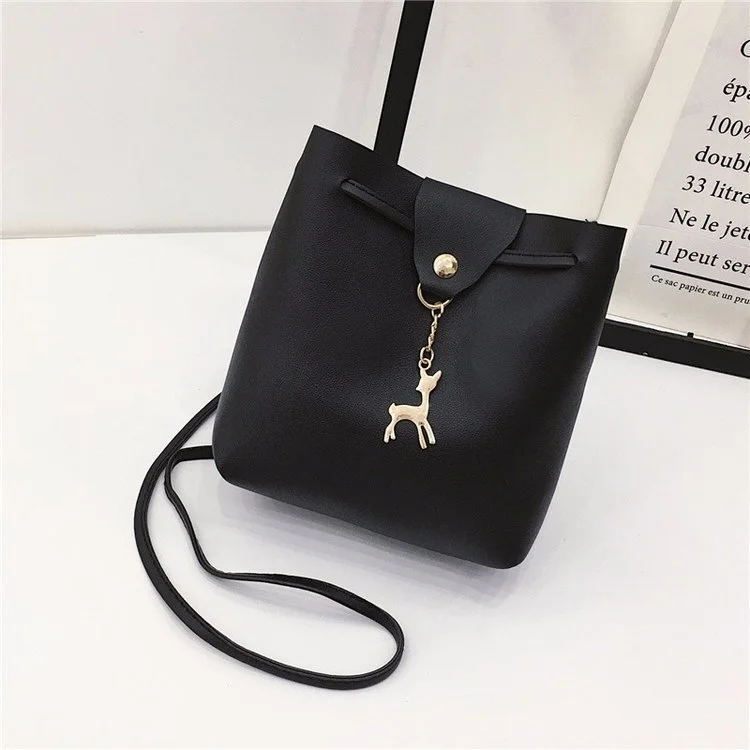 Small Square Bag One Shoulder Diagonal Fawn Pendant Solid Color PU