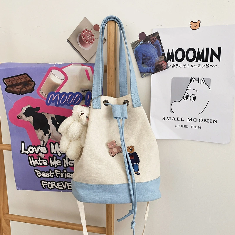 Cute And Cute Cartoon Embroidery Bear Drawstring Bucket Bag Soft Girl Student Canvas Bag