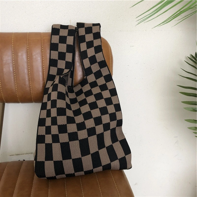 Checkerboard Wool Knit Woven One-shoulder Armpit Bag