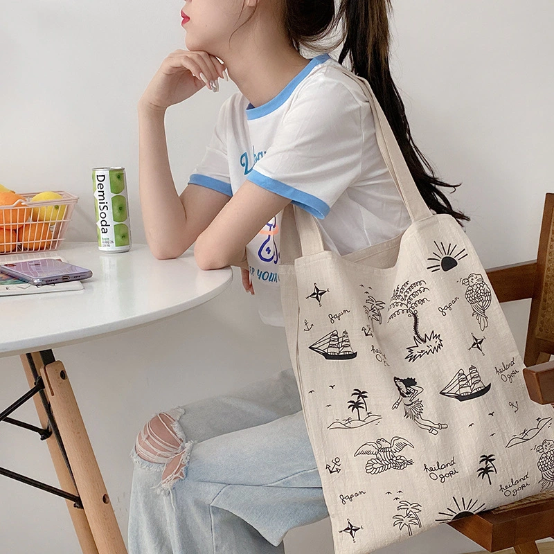 Literary Simple Retro Printed Cotton Linen Bag Large Capacity