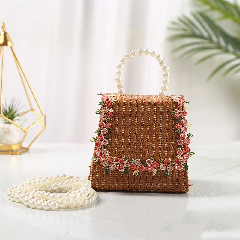 Lace Style Straw Bag With Pearl Portable Diagonal Cross Cute