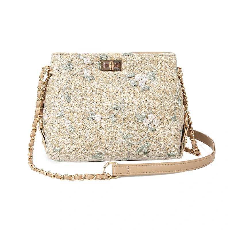 Lace embroidery straw woven square bag