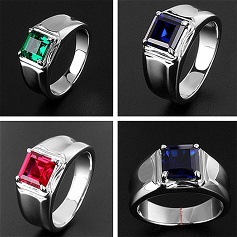 White gold plated blue green ruby male ring