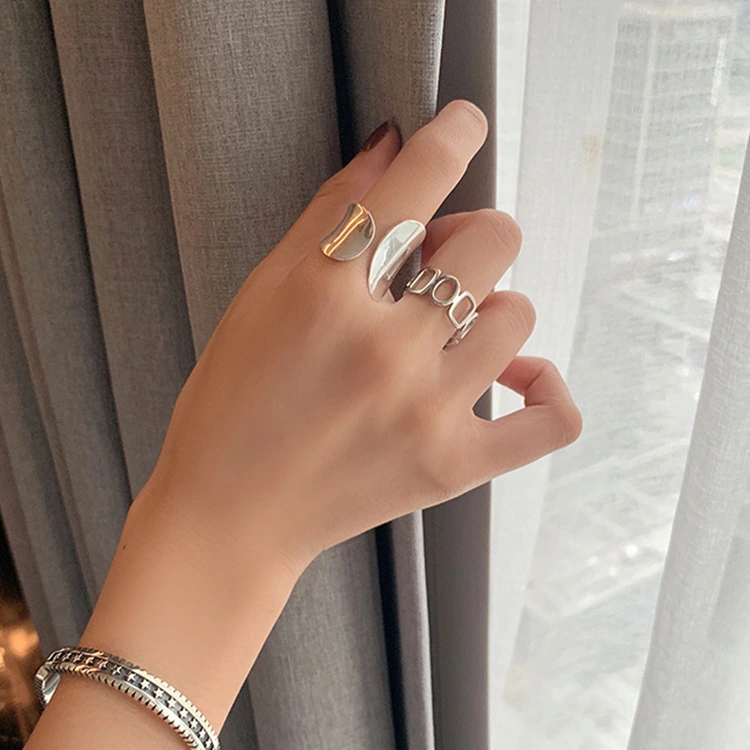 Ring female fashion personality simple silver hollow ring index finger wide version glossy