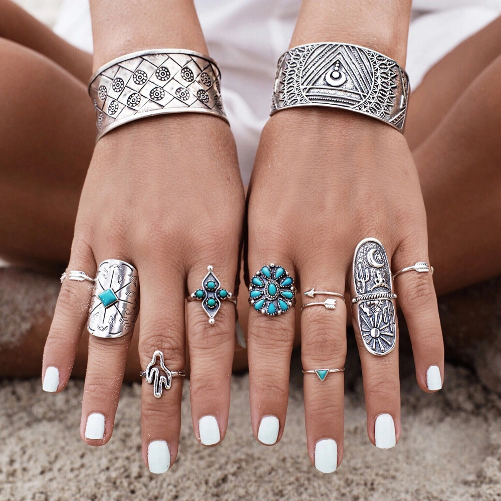 Wide Version Of Vintage Carved Geometric Totem Nine-piece Ring