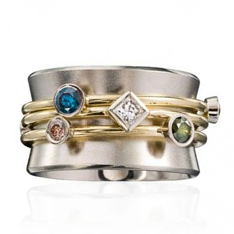 Simple Geometric Structure Multicolor Zircon Ladies Ring