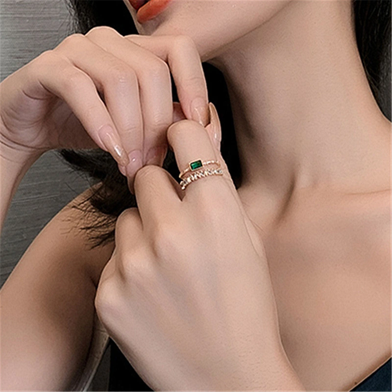  Korea's New Retro Green Double-layer Ring Fashion Simple Versatile Open Ring Elegant Ladies' Jewelry