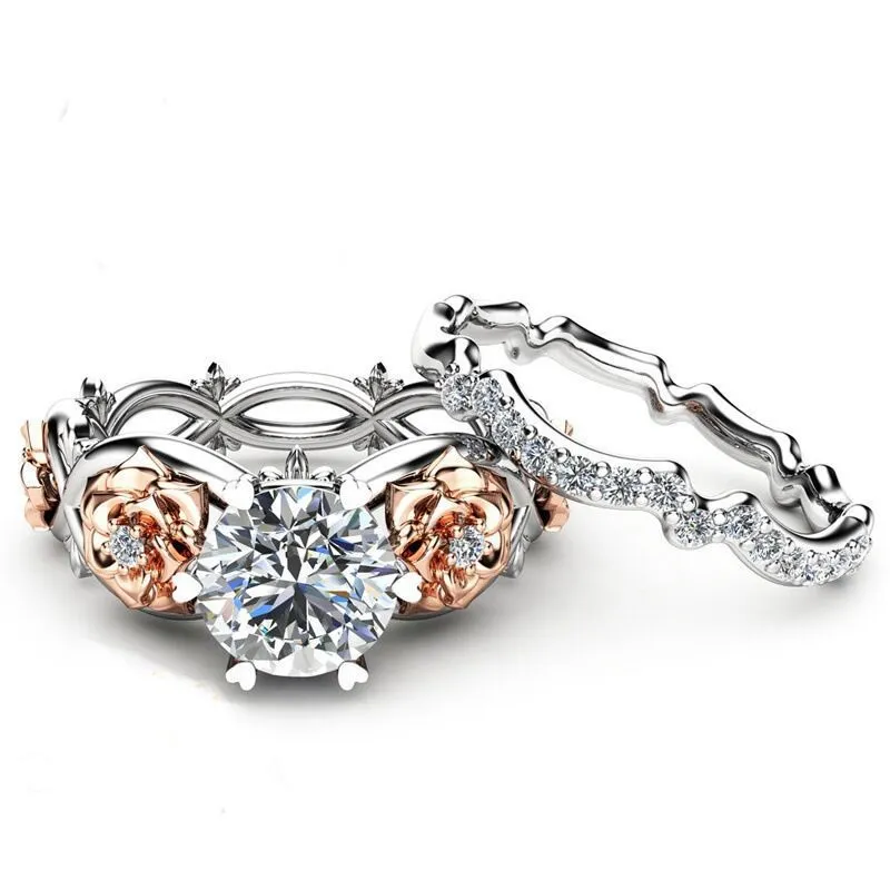 Openwork Ring Two-Tone Crystal Gemstone Rose Flower Ring