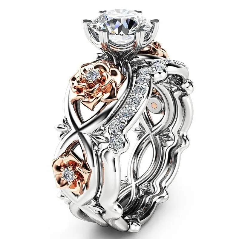 Openwork Ring Two-Tone Crystal Gemstone Rose Flower Ring