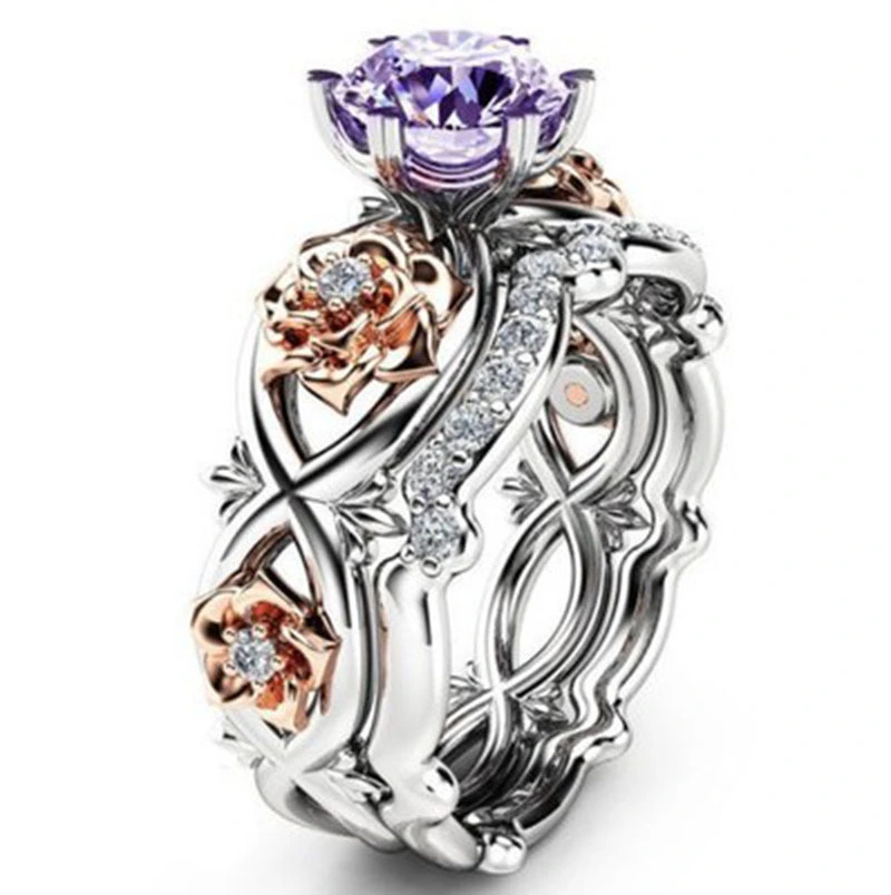 Openwork Ring Two-Tone Crystal Gemstone Rose Flower Ring