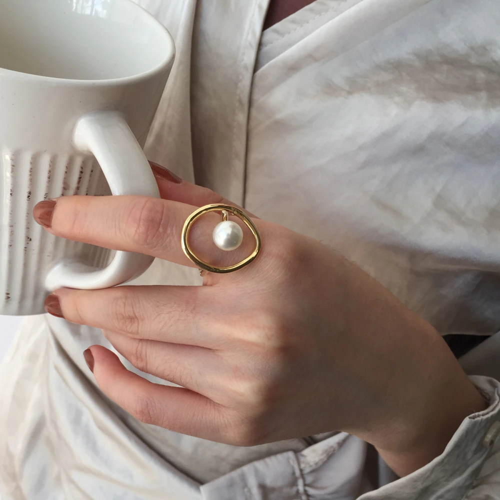 Simple Cold Wind Pearl Ring Niche Copper Real Gold Index Finger Ring