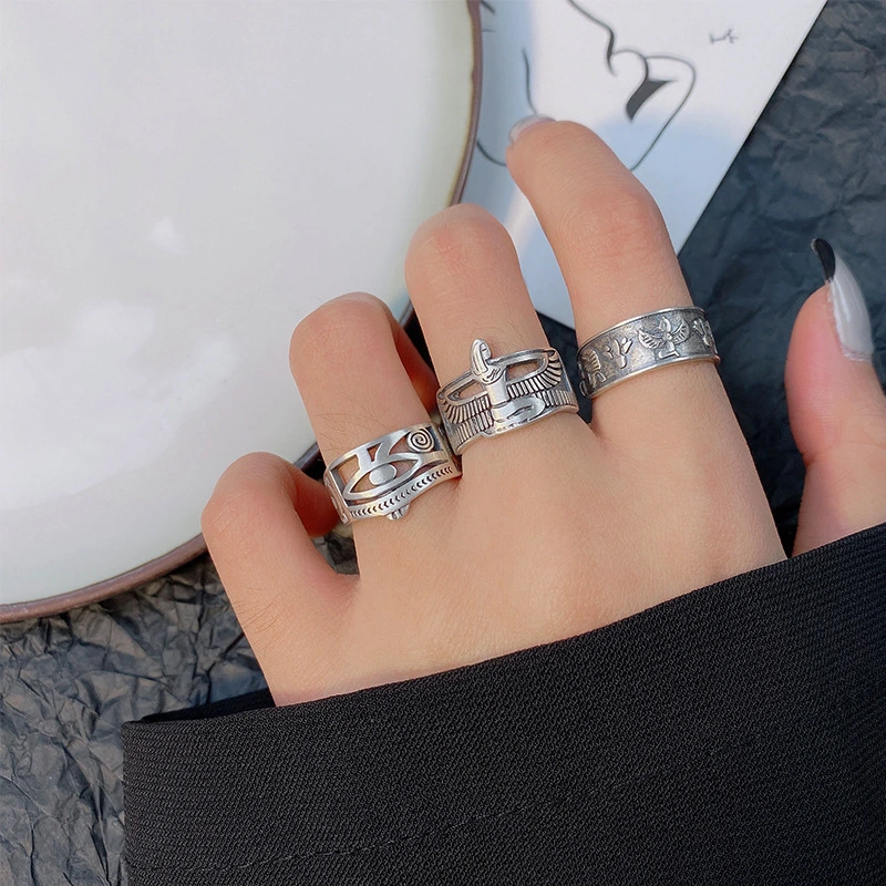 S925 Sterling Silver Geometric  Index Finger Frosted Retro Ring Female Ins Tide Fashion Retro Personality Thai Silver Finger Ring