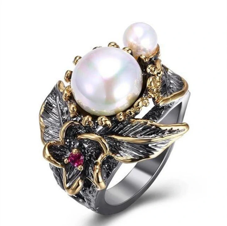 Gold Two-tone Retro Pearl Flower Female Ring