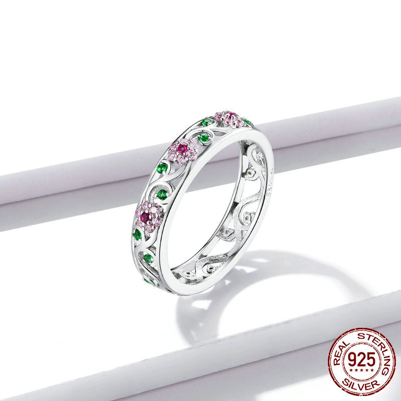 Secret Garden Ring with Colored Flowers In Sterling Silver