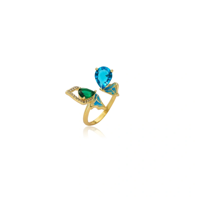 Gradient Blue-Green Crystal Ring Cold Exquisite Zircon