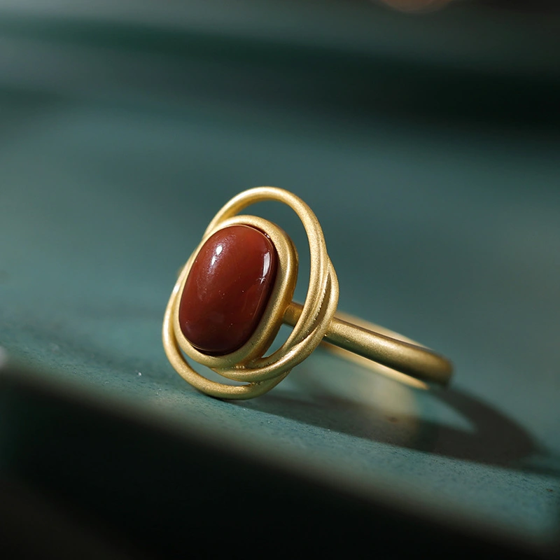 S925 Sterling Silver Gold-plated Natural Southern Red Agate Geometric Retro Fashion Ring