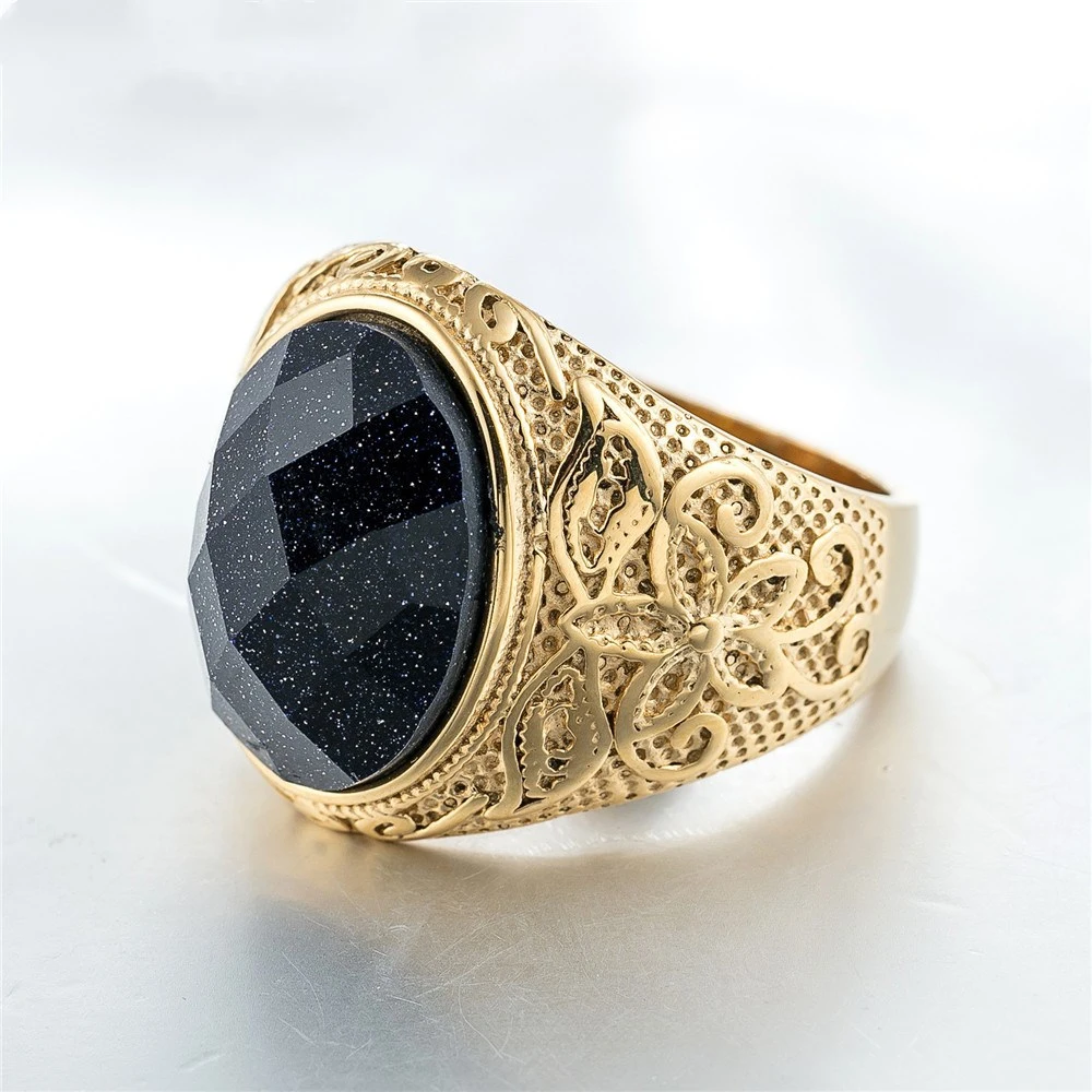 Personalized Retro Carved Gemstone Titanium Steel Ring