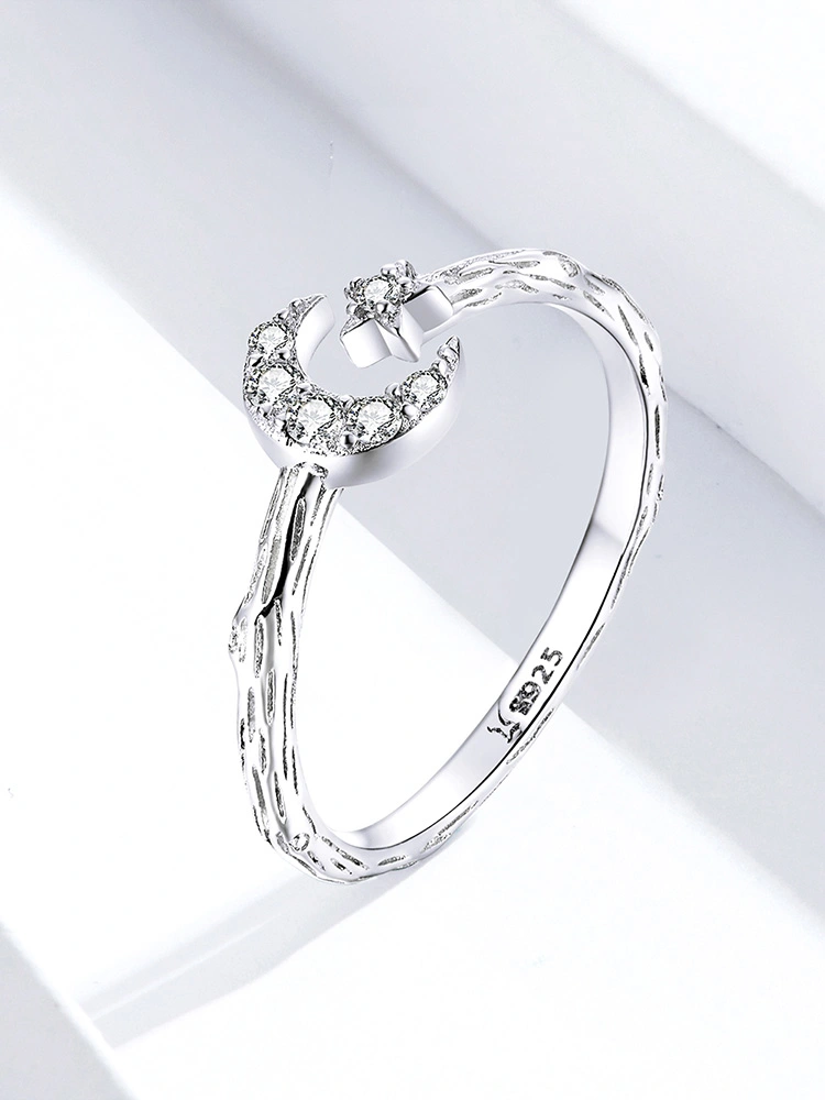 Open Ring Sterling Silver S925 Star And Moon Platinum Plated