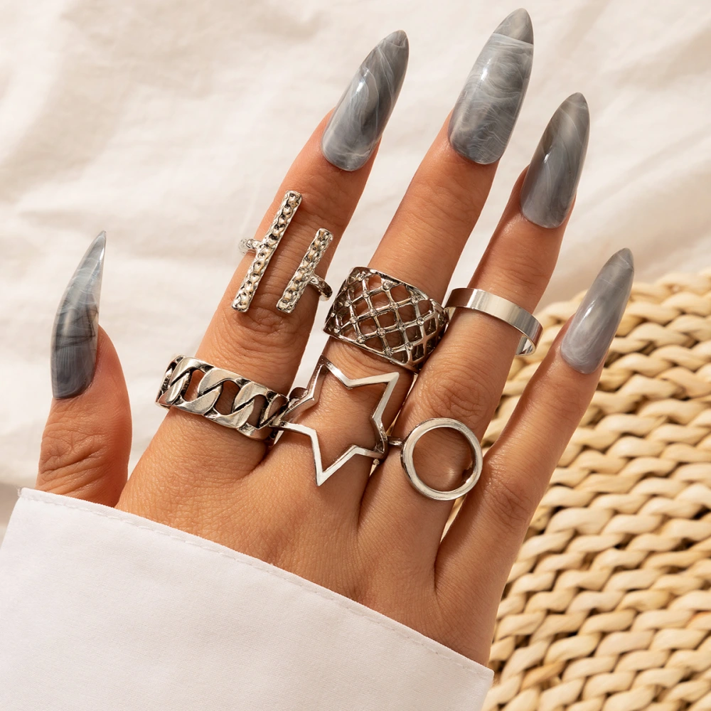 Five-pointed Star Circle Thick Chain Ethnic Silver 6-piece Ring