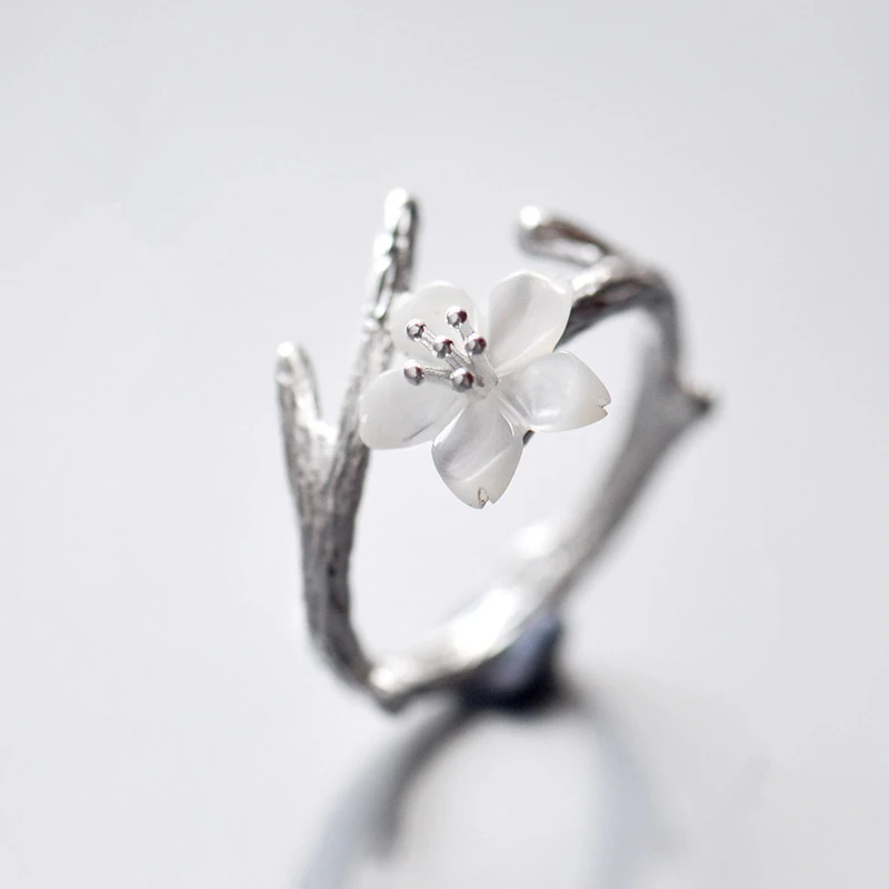 Sterling Silver Cherry Blossom Ring Korean Fashion Natural Shell Flower Ring Silver Mixed With Cupronickel Material