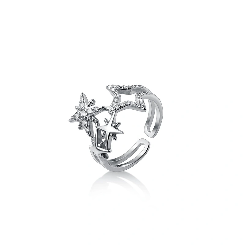  Sterling Silver Rhinestone Hollow Star Dainty Band Ring