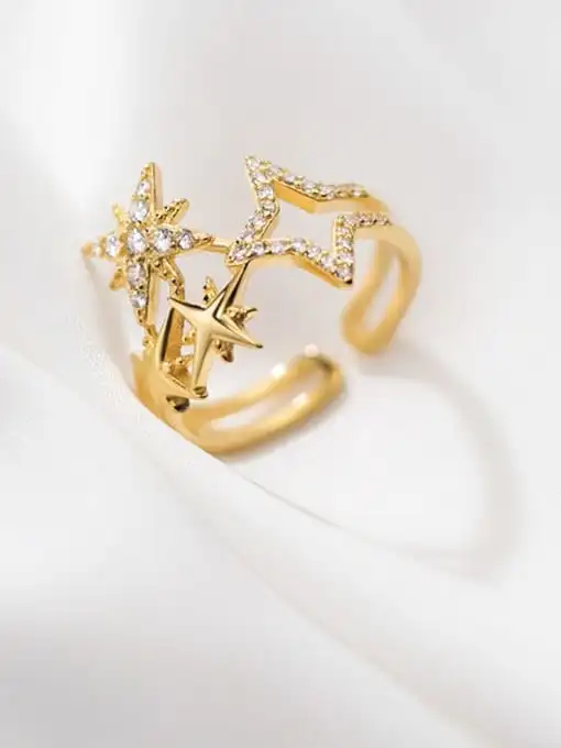  Sterling Silver Rhinestone Hollow Star Dainty Band Ring