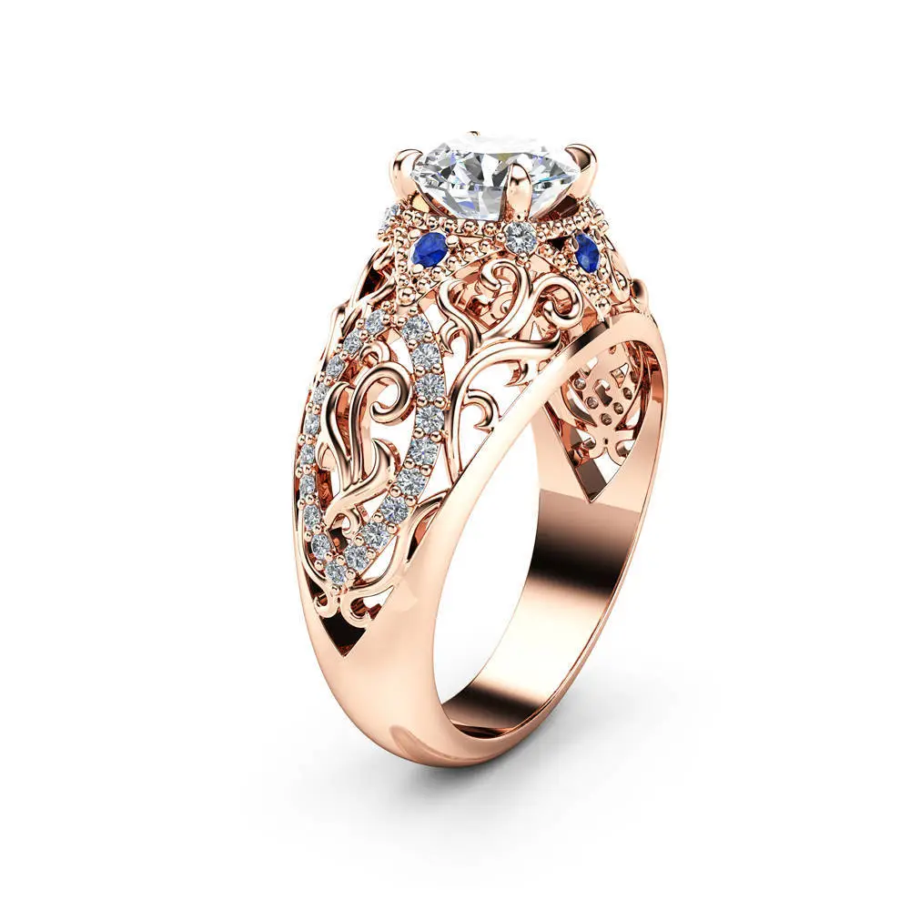 European And American Wish New Luxury Rose Gold Ladies Ring, Hollow Flower Inlaid Zircon Blue Gemstone Jewelry