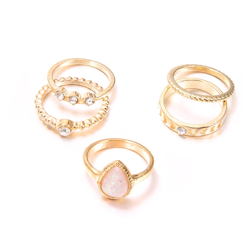 European And American Fashion Shining White Color Gem Water Drop Diamond 5-Piece Bohemian Joint Ring